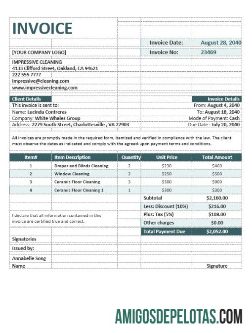 em branco Modelo de fatura de empresa de limpeza